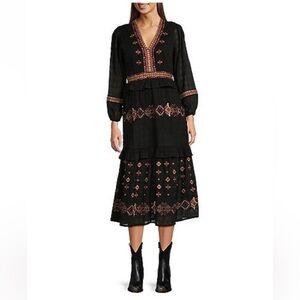 NWT Reba Embroidered Midi Long-Sleeved Cotton Dress Boho - 10